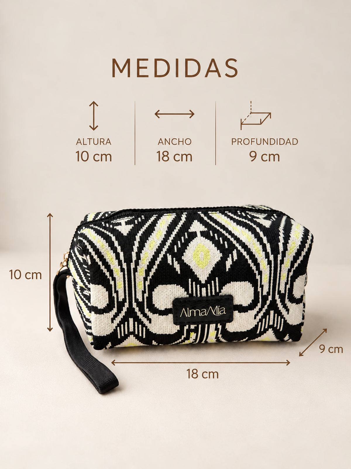 Medidas de la Cosmetiquera Dubai: 18 cm de ancho, 10 cm de alto y 9 cm de fondo